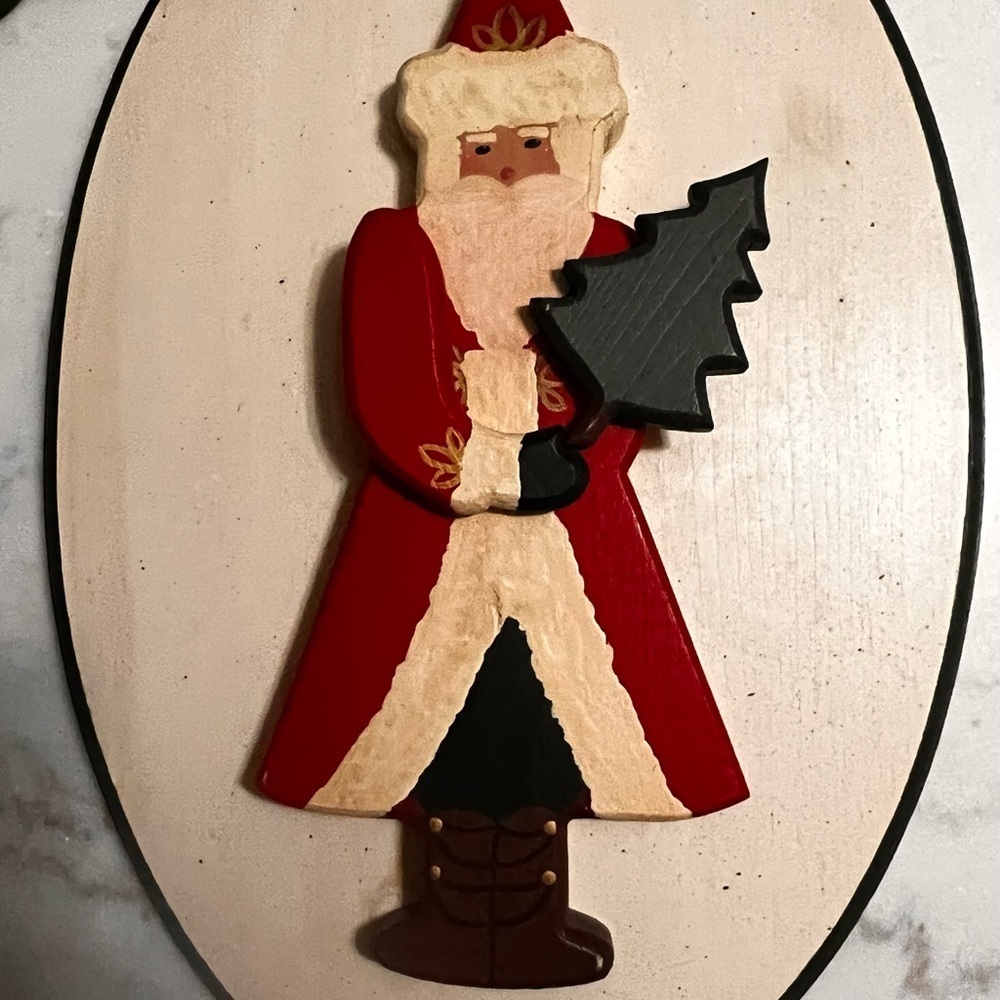 Hand Painted Solid Wood Santa Tree Welcome Wall Door Hanger Christmas Decor VTG - Picture 3 of 8